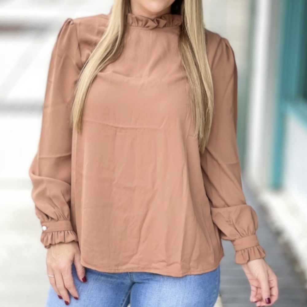 Woven Ruffle Neck & Puff Sleeve Top